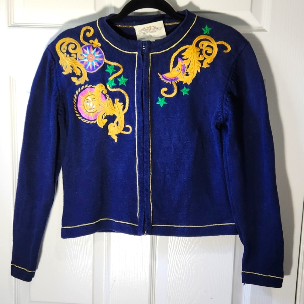 Vintage Susan Bristol navy blue Sun & Moon zip up sweater women's size S…
